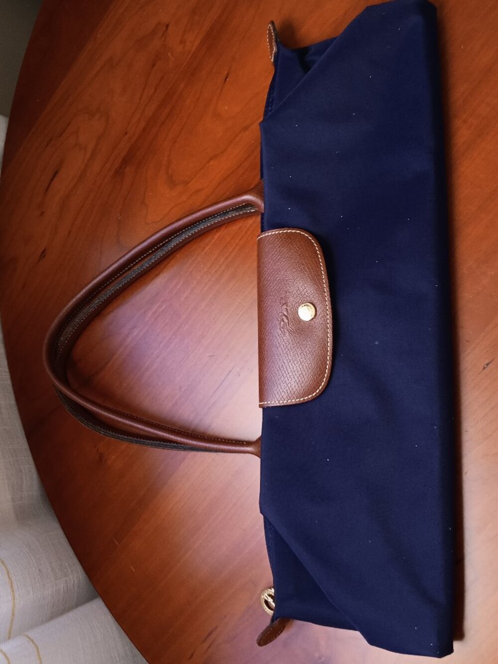 Pre-Loved Longchamp Le Pliage Navy-Deep Purple Medium Nylon Shoulder Bag.